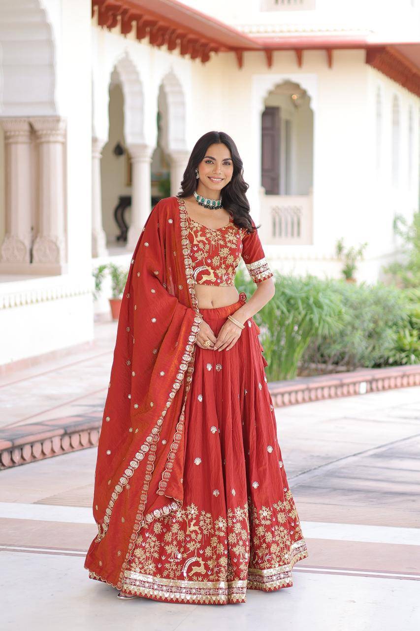 KA 5062 Vichitra Silk Red Designer lehengha choli suppliers in Mumbai